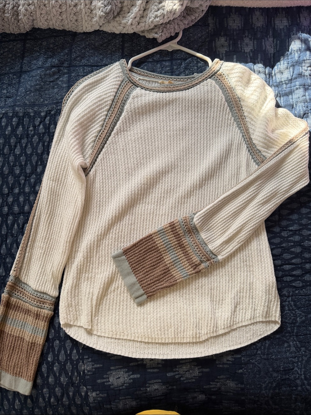 Mystree Cream Waffle-Knit Crew Sweater with Brown & Gray Accent Cuffs